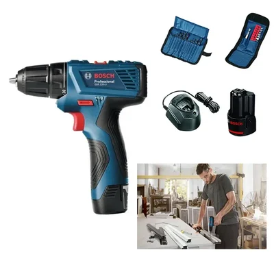 Bosch GSR 120-LI Professional 12V Cordless Drill Driver Kit with 10mm Chuck, 2 Batteries, 1500 RPM, 30 Nm Torque
